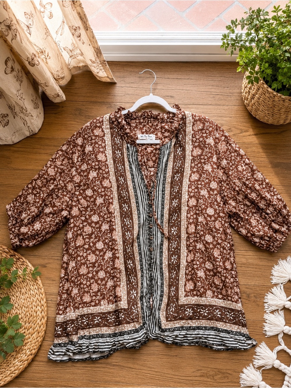 We The Free Boho Floral Print Peasant Blouse Brown Ruffle Neck Button Front
